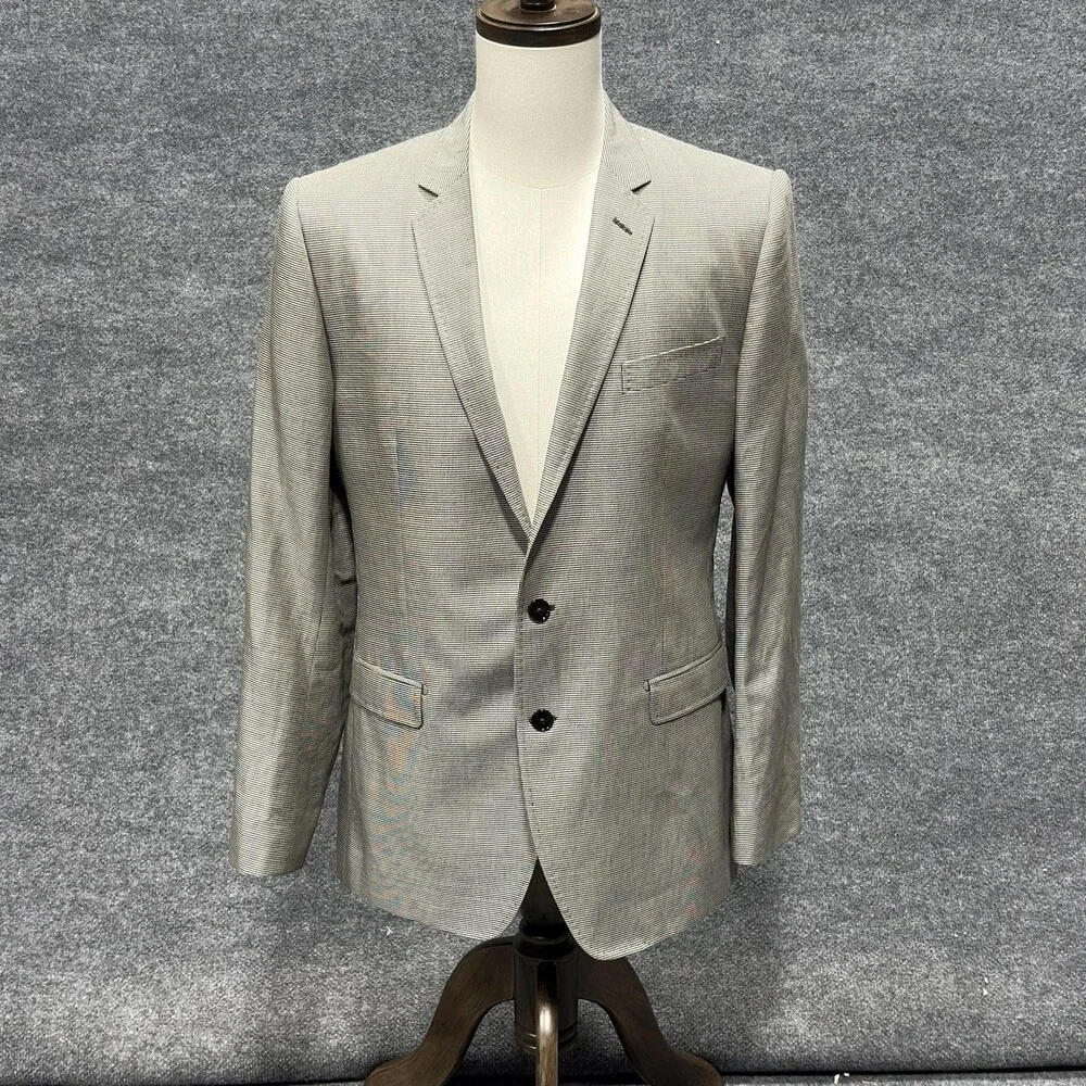 Dolce & Gabbana Blazer Mens 41R Gray Check Ramie Cotton Slim Fit Sport Coat
